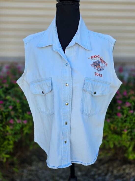 Sports Gallery Tops - Hog Rock 2013 Motorcycle Rally Sleeveless Denim Shirt XL Biker Graphic